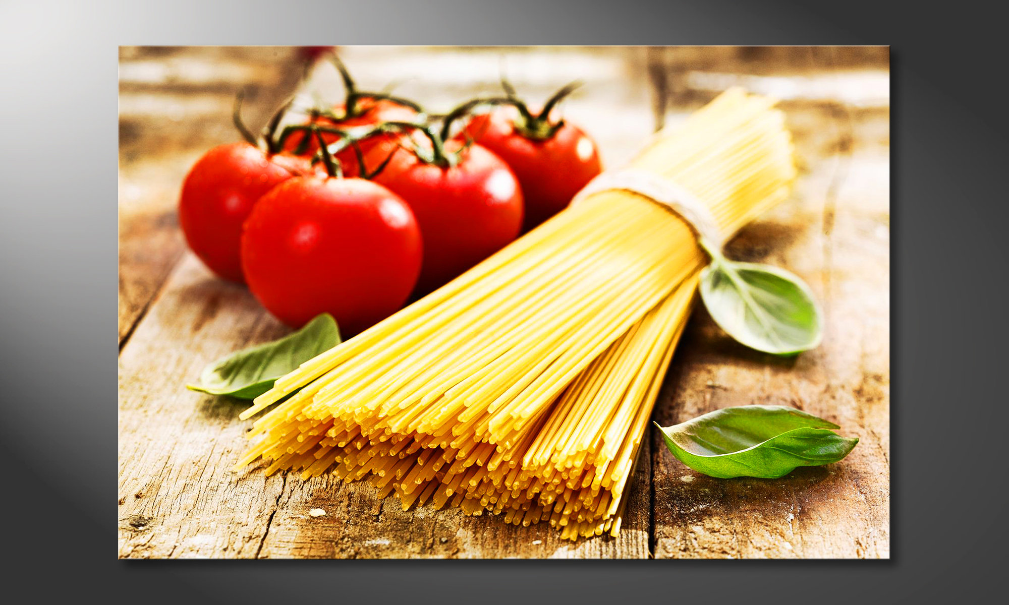 Spaghetti mit Tomaten und Basilikum   Leinwandbild Wanddeko Kunstdruck 